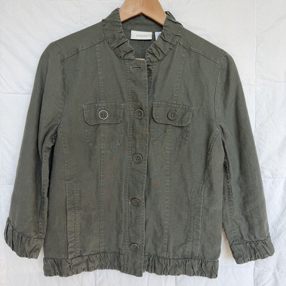 Chico's 100% Linen Jacket Olive Army Green Lightweight Button Front Ruffle 0/S